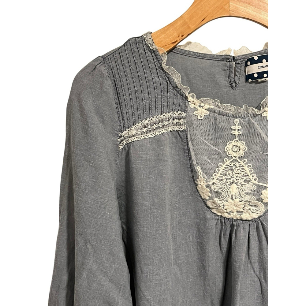 Comme Toi Anthropologie Peasant Blouse Large Blue Linen - Picture 2 of 8